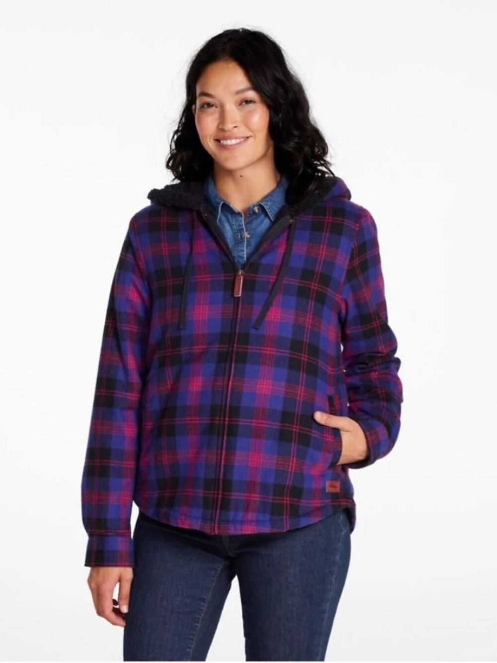 L.L. Bean Women's Scotch Plaid Flannel Sherpa-Lined Zip Hoodie - Purple Plaid